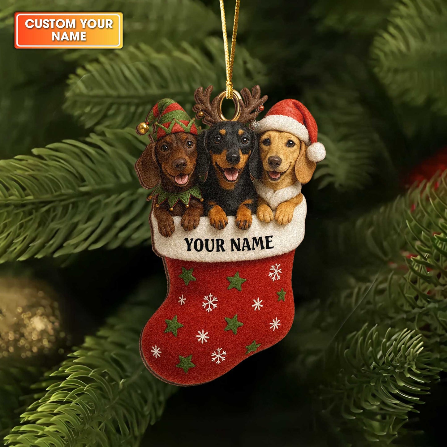 Dachshund Trio Christmas Stocking Ornament, Personalized Wooden Dachshund Ornament