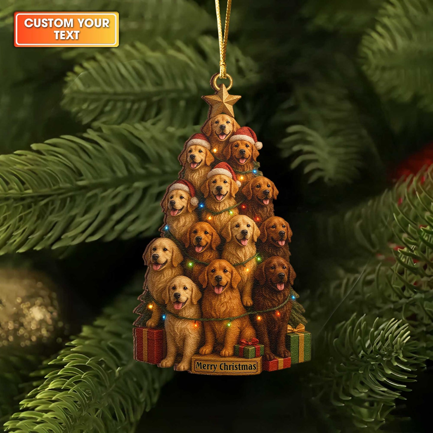 Golden Retriever Puppy Tower Christmas Ornament, Personalized Festive Golden Retriever Wooden Ornament