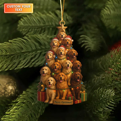 Golden Retriever Puppy Tower Christmas Ornament, Personalized Festive Golden Retriever Wooden Ornament