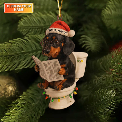 Funny Christmas Dachshund On Toilet Reading News Ornament Decoration, Personalized Wooden Ornament For Dachshund Lovers