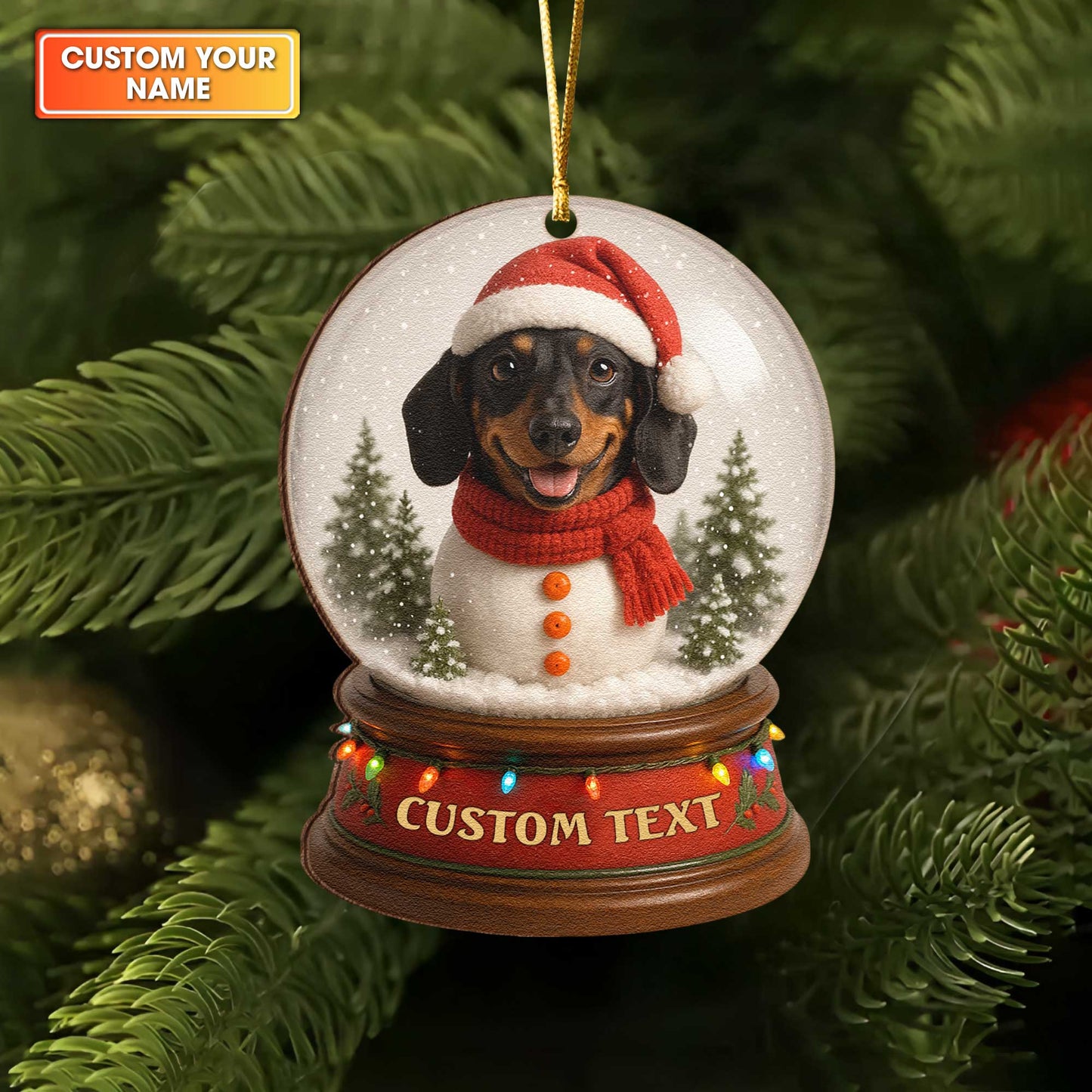 Funny Dachshund In Snow Globe Ornament, Personalized Wooden Dachshund Christmas Ornament