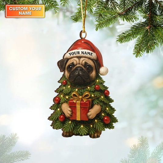 Personalized Ornament Pug, Pug Christmas Ornament With Custom Name, Pug Xmas Ornament For Dog Lover