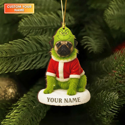 Personalized Wooden Ornament Pug, Pugrinch Christmas Ornament With Custom Name, Cute Pug Xmas Ornament For Dog Lover