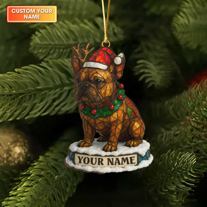 Stained Glass Style Cute Bulldog Snow Globe Ornament, Personalized Wooden Ornament For Bulldog Lovers