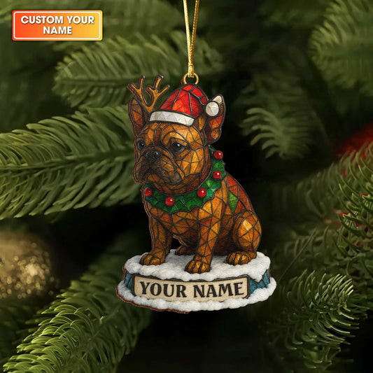 Stained Glass Style Cute Bulldog Snow Globe Ornament, Personalized Wooden Ornament For Bulldog Lovers