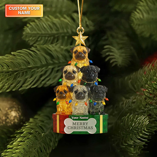 Personalized Pug Christmas Tree Ornament, Funny Custom Name Holiday Gift for Pug Lovers