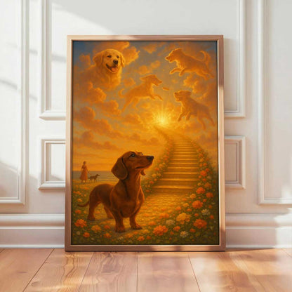 Rainbow Bridge Dog Memorial Art, Dachshund Heaven Scene Wall Canvas, Pet Loss Sympathy Gift