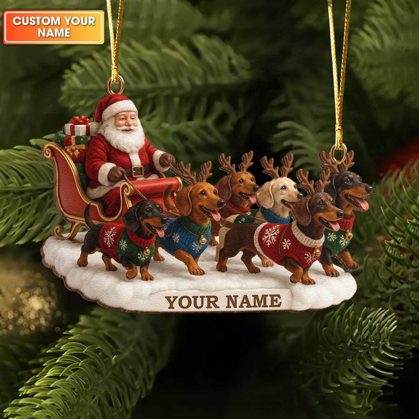 A Pack Of Dachshunds Pulling Santa’s Sleigh Ornament, Personalized Cute Dachshunds Wooden Ornament