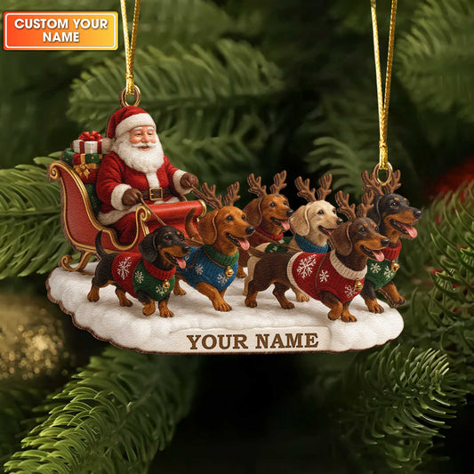 A Pack Of Dachshunds Pulling Santa’s Sleigh Ornament, Personalized Cute Dachshunds Wooden Ornament