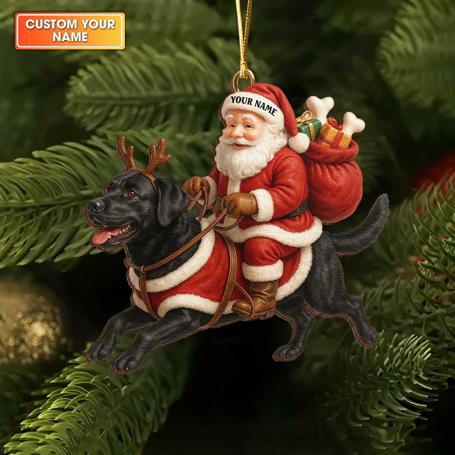 Santa Riding Black Lab Christmas Ornament, Personalized Cute Labrador Wooden Ornament