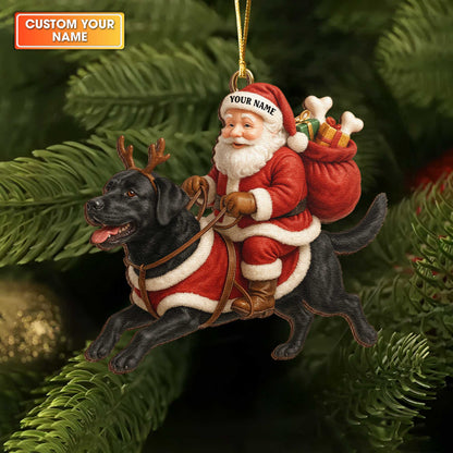 Santa Riding Black Lab Christmas Ornament, Personalized Cute Labrador Wooden Ornament