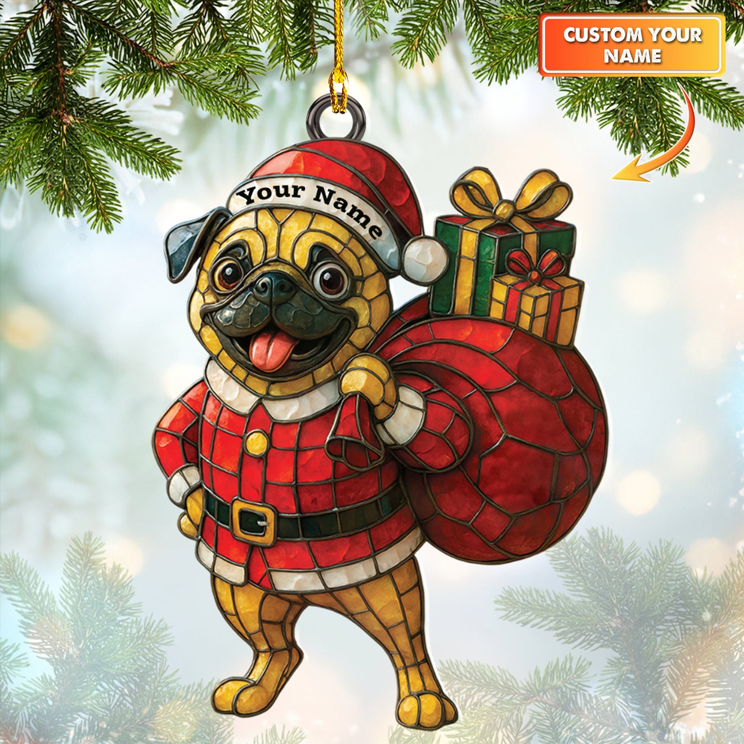 Custom Name Pug Christmas Ornament, Personalized Ornament Pug, Pug Xmas Ornament For Dog Lover