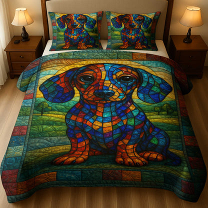 Colorful Artistic Stained Glass Dachshund Dog Design, Dachshund Quilt Set