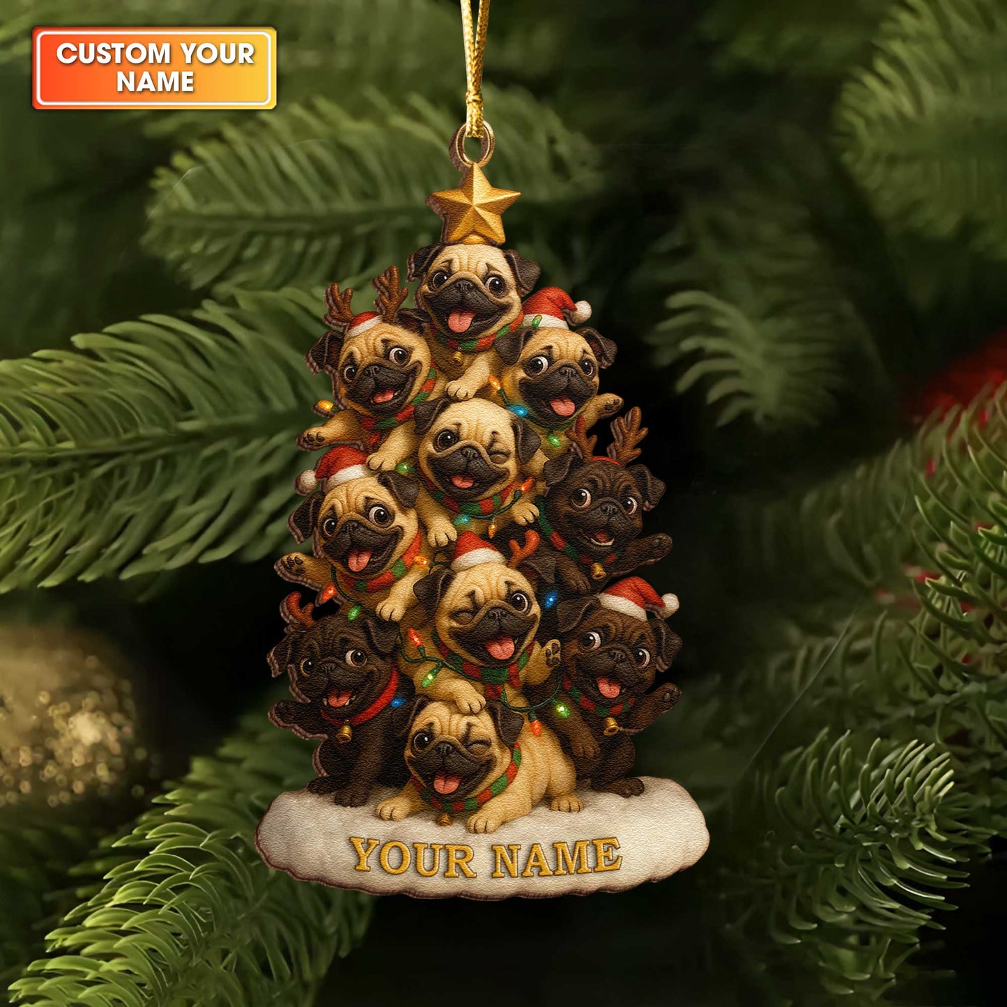 Funny Cute Pug Stack Christmas Ornament, Personalized Wooden Ornament For Pug Lovers
