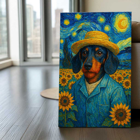 Van Gogh Inspired Dachshund Wall Art, Starry Night Dog Canvas with Sunflowers