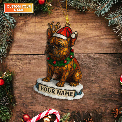 Stained Glass Style Cute Bulldog Snow Globe Ornament, Personalized Wooden Ornament For Bulldog Lovers