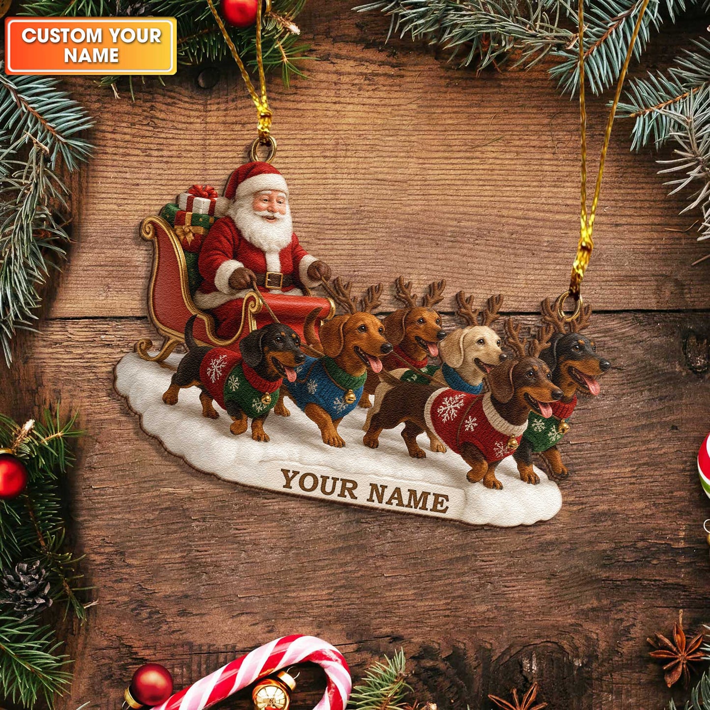 A Pack Of Dachshunds Pulling Santa’s Sleigh Ornament, Personalized Cute Dachshunds Wooden Ornament