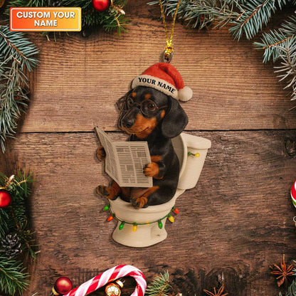 Funny Christmas Dachshund On Toilet Reading News Ornament Decoration, Personalized Wooden Ornament For Dachshund Lovers
