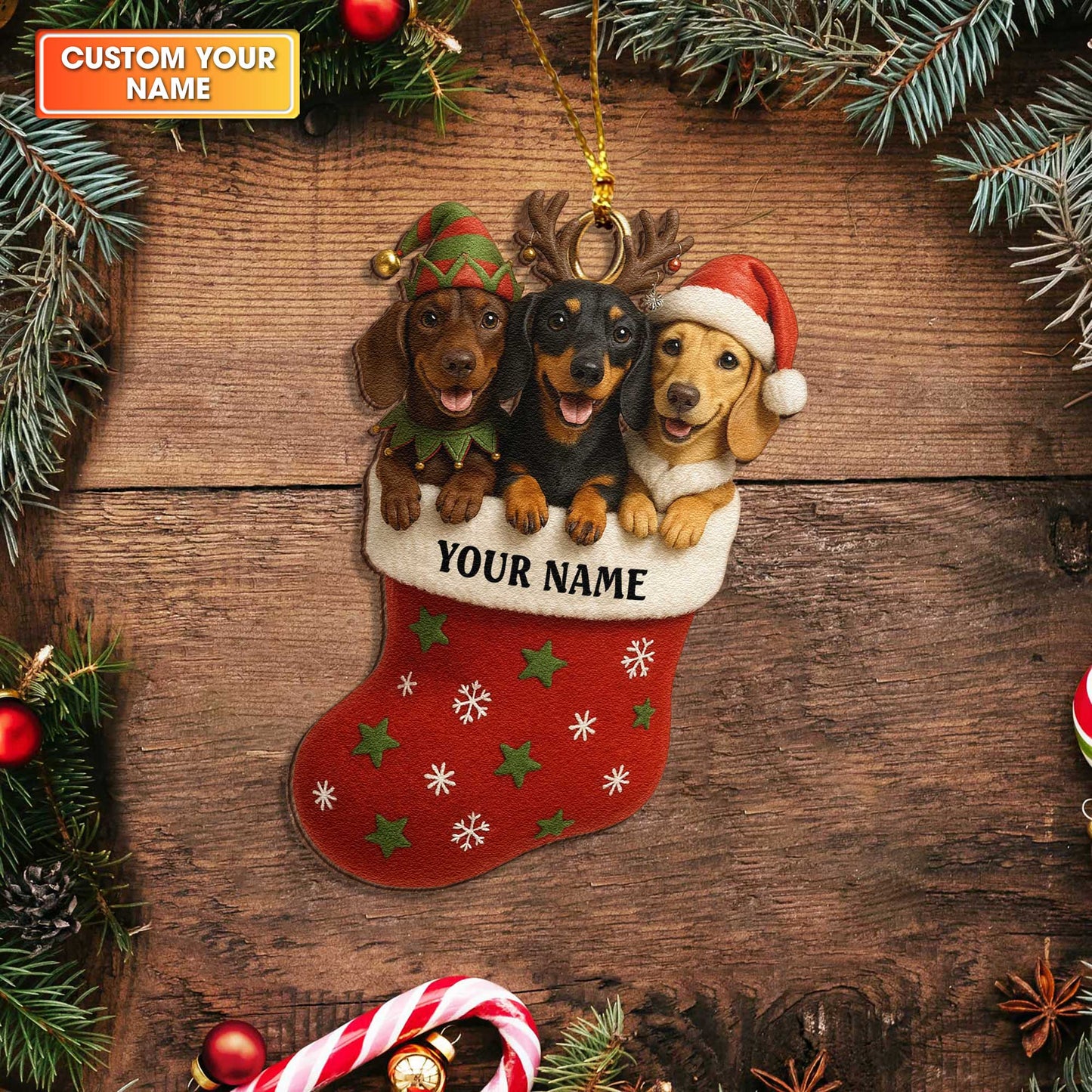 Dachshund Trio Christmas Stocking Ornament, Personalized Wooden Dachshund Ornament