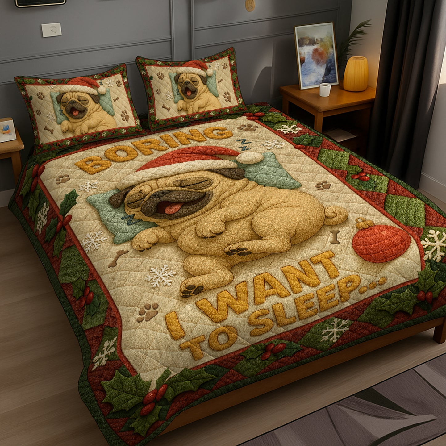 Funny Pug Christmas Quilt Set, Cute Christmas Bedding Gift for Dog Lovers, Pugmas Bedroom Decor