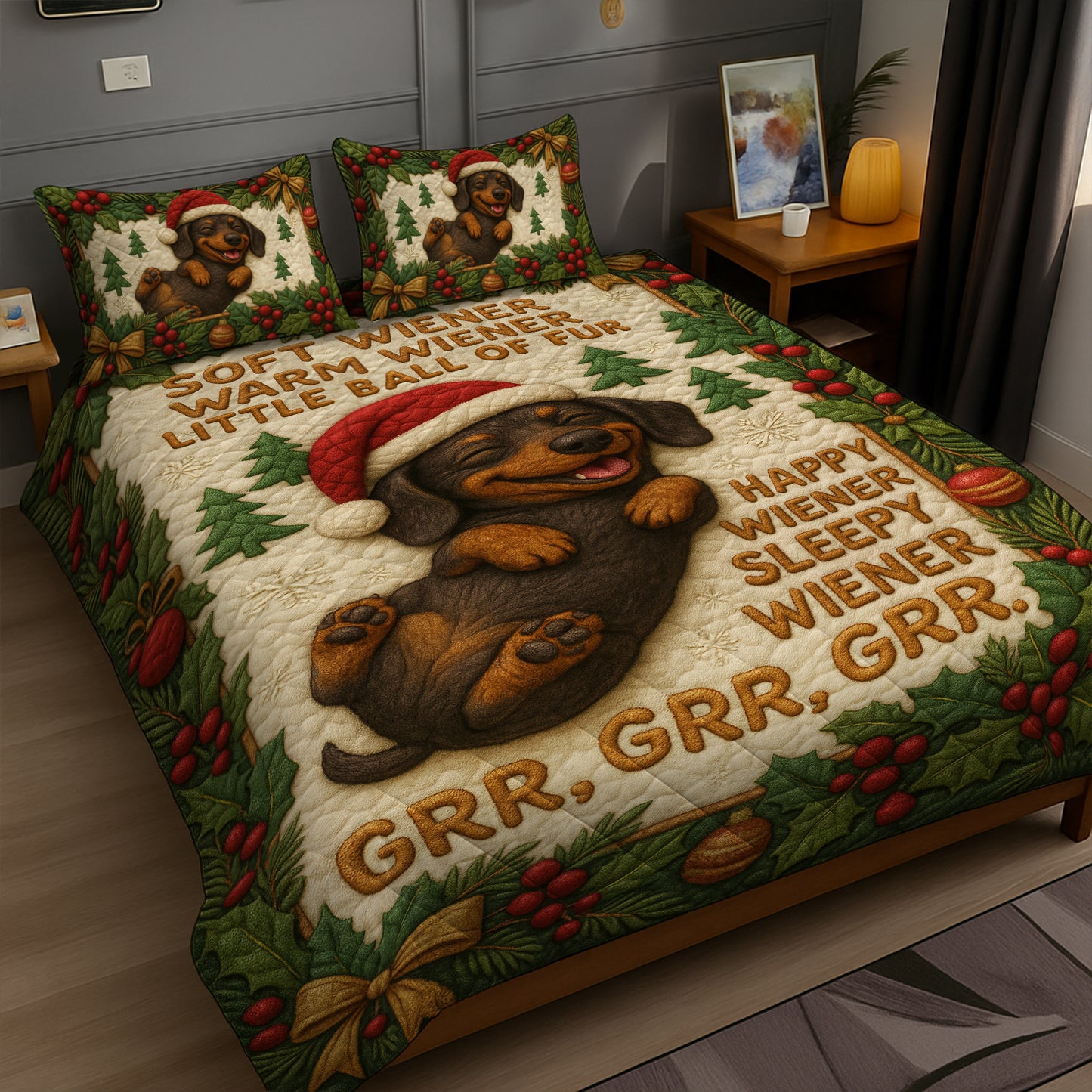 Cute Dachshund Christmas Quilt Set, Funny Wiener Dog Bedding With Santa Hat, Xmas Quilt for Dog Lovers