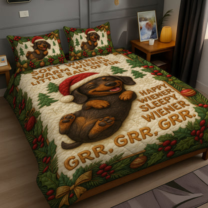 Cute Dachshund Christmas Quilt Set, Funny Wiener Dog Bedding With Santa Hat, Xmas Quilt for Dog Lovers