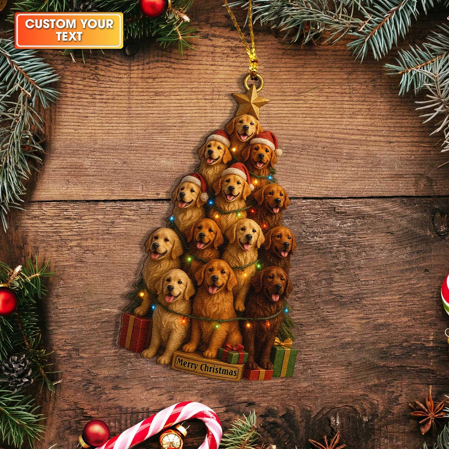 Golden Retriever Puppy Tower Christmas Ornament, Personalized Festive Golden Retriever Wooden Ornament