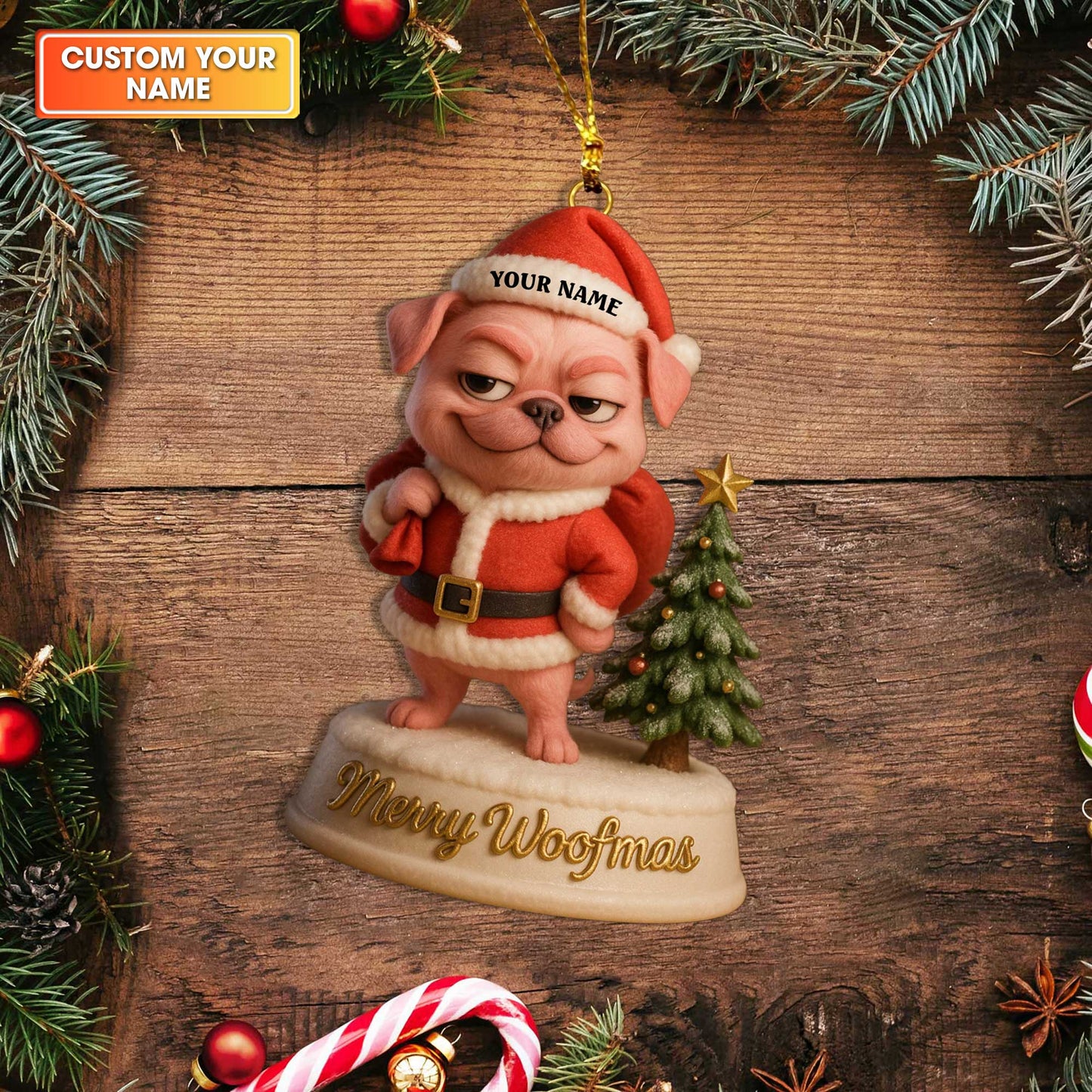 Personalized Pug Christmas Ornament, Merry Woofmas Dog Ornament, Cute Holiday Gift for Pug Lovers