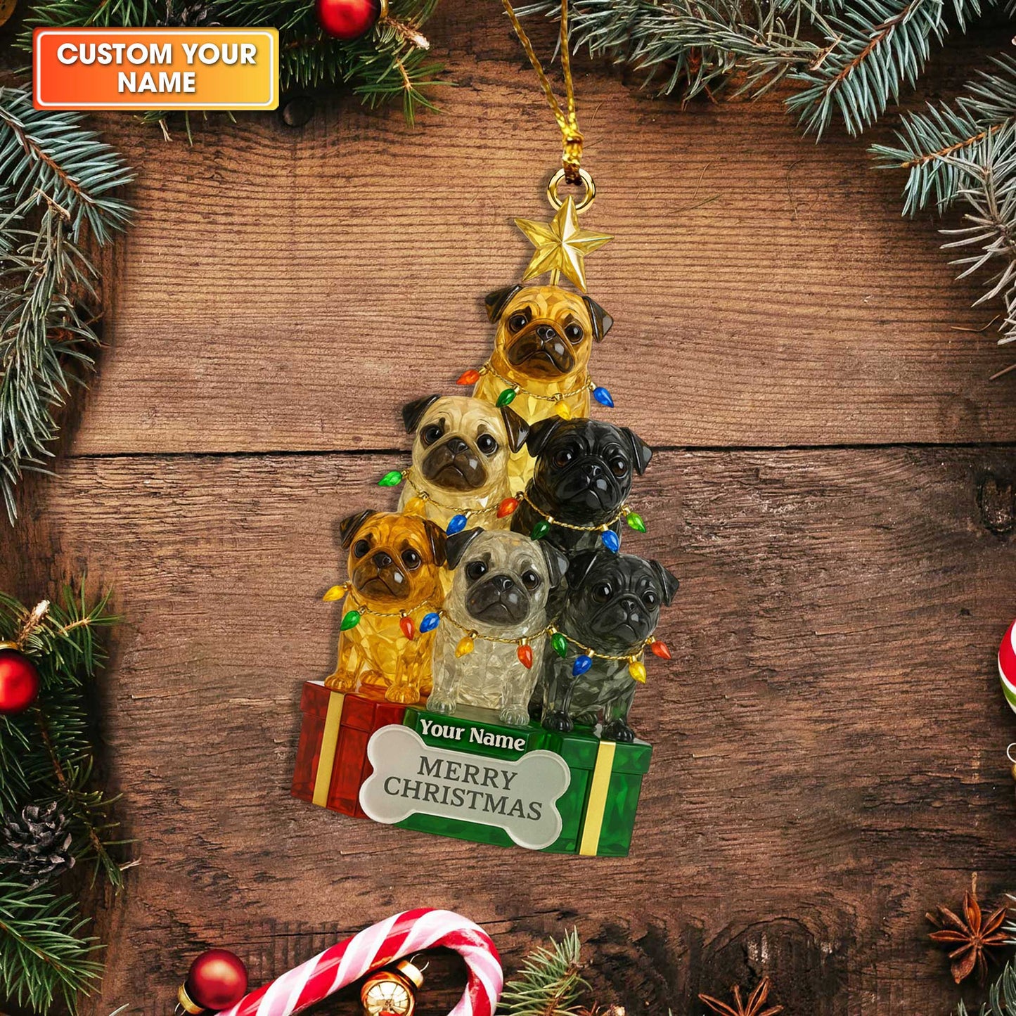 Personalized Pug Christmas Tree Ornament, Funny Custom Name Holiday Gift for Pug Lovers
