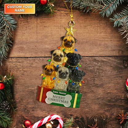 Personalized Pug Christmas Tree Ornament, Funny Custom Name Holiday Gift for Pug Lovers