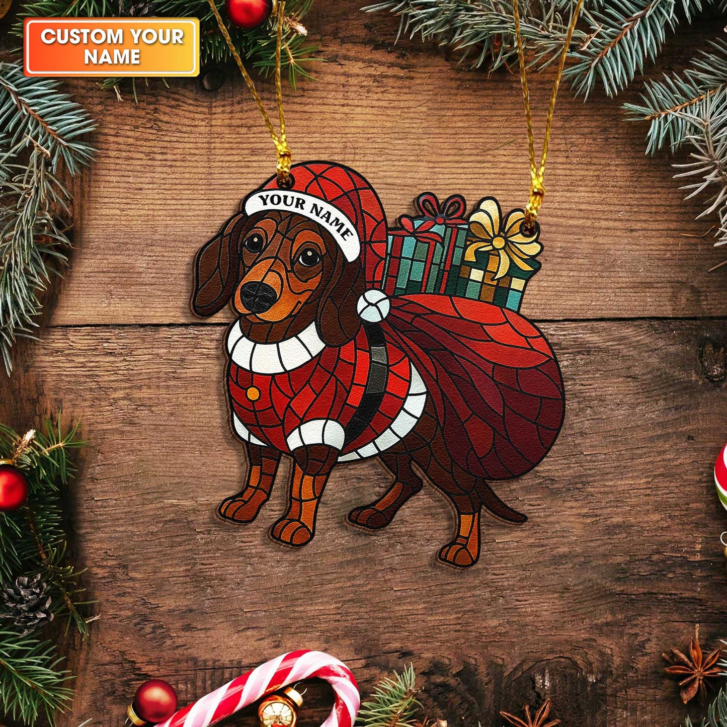 Santa Dachshund Ready Bringing Gift Ornament Decoration, Personalized Wooden Dachshund Ornament