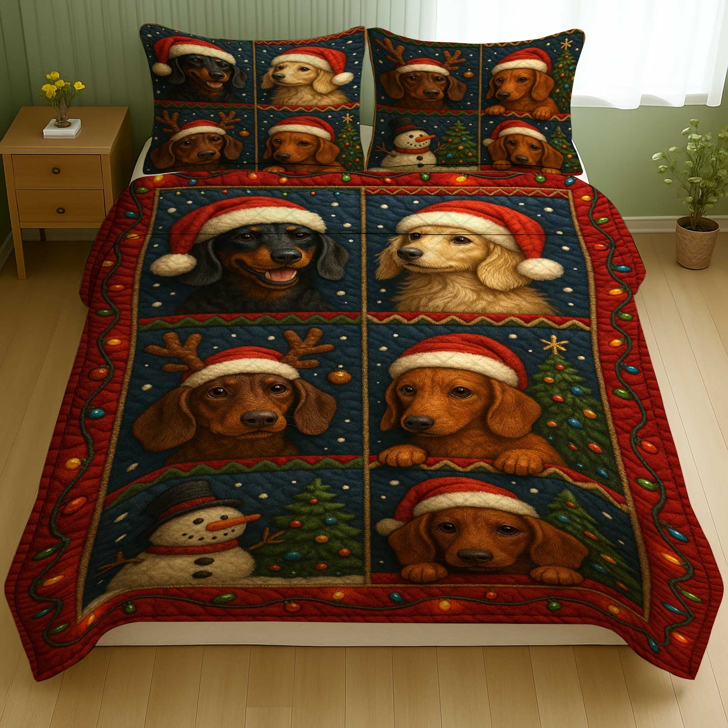 Santa Dachshund Christmas Quilt Set, Funny Wiener Dog Holiday Bedroom Decor