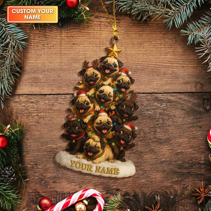 Funny Cute Pug Stack Christmas Ornament, Personalized Wooden Ornament For Pug Lovers