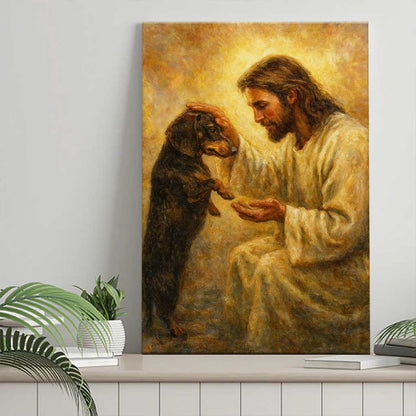 Inspirational Jesus and Dog Wall Art, Spiritual Canvas Print for Home Decor