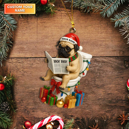 Personalized Pug Christmas Ornament, Funny Custom Name Dog Toilet Decoration, Holiday Gift for Pug Lovers