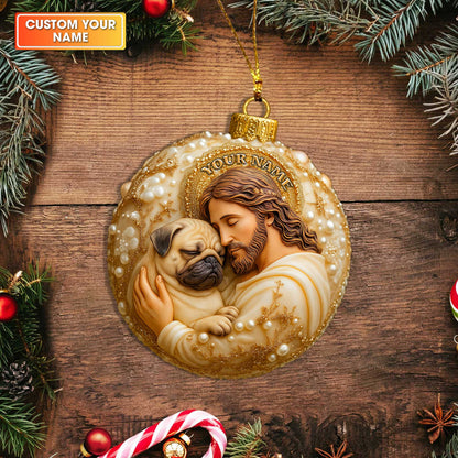 Personalized Jesus Hugging Pug Christmas Ornament, Custom Dog Memorial Gift, Religious Holiday Keepsake for Pug Lovers