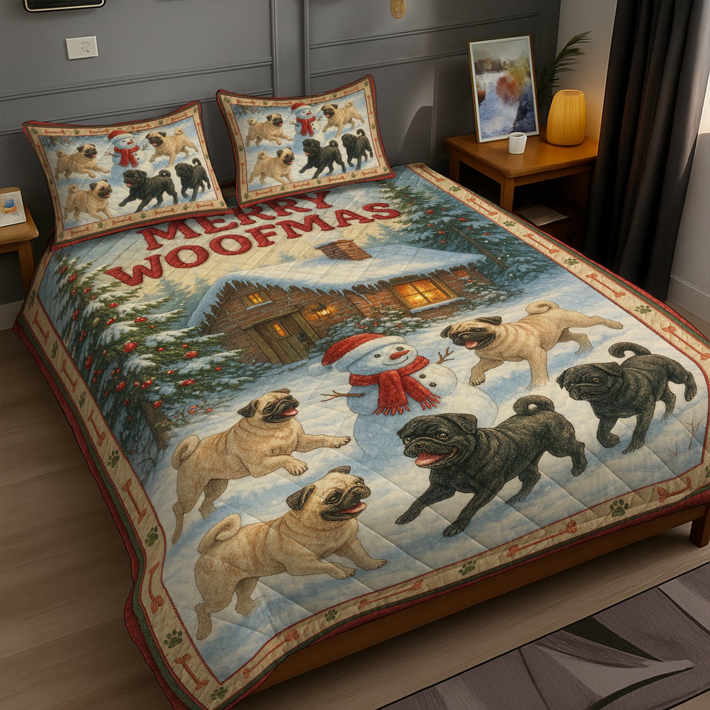 Funny Pug Christmas Quilt Set, Cute Merry Woofmas Bedding Gift for Dog Lovers, Pugmas Bedroom Decor