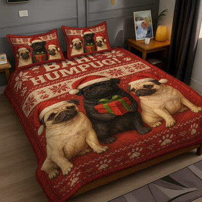 Bah Humpug Funny Pug Christmas Quilt Set, Cute Holiday Bedding Gift for Dog Lovers, Pugmas Bedroom Decor