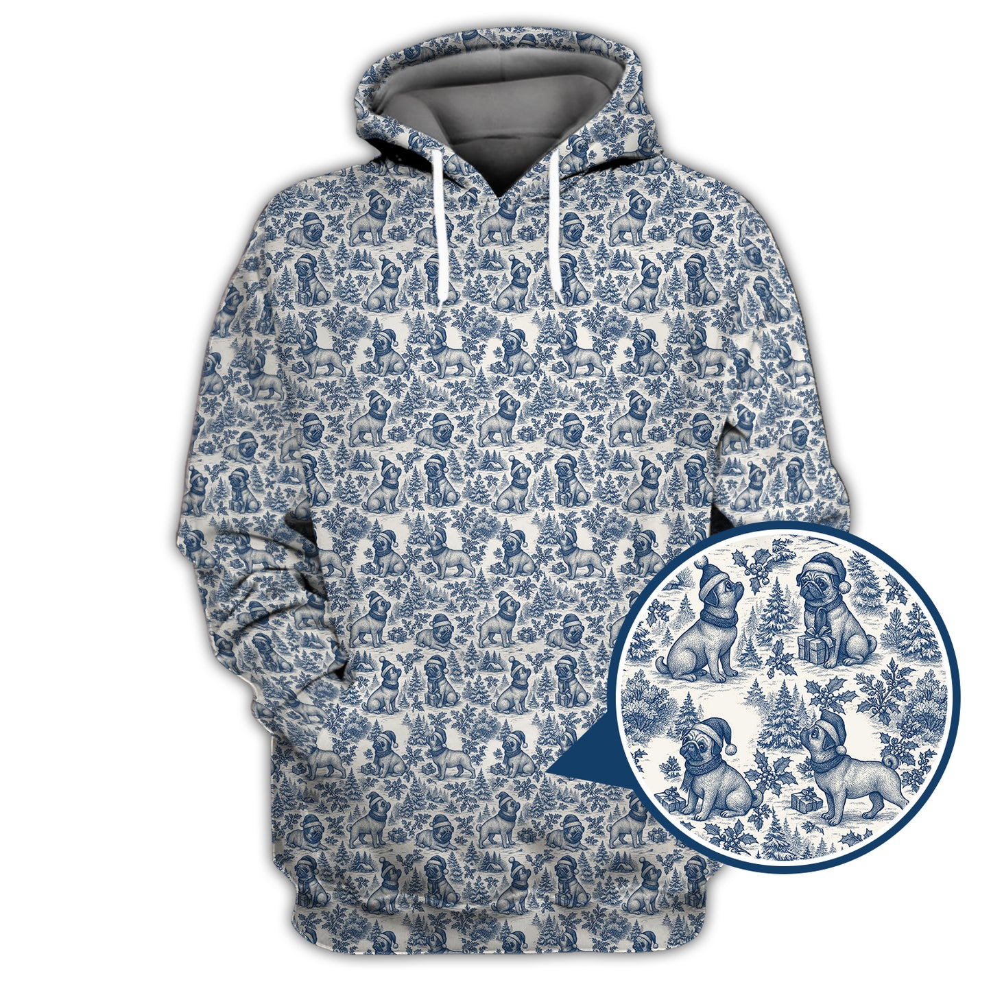 Christmas Pug Pattern Shirt, Toile De Jouy Shirt With Cute Pug, Xmas Hoodie For Dog Lover