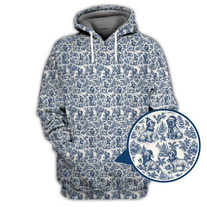 Christmas Pug Pattern Shirt, Toile De Jouy Shirt With Cute Pug, Xmas Hoodie For Dog Lover