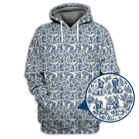 Christmas Pug Pattern Shirt, Toile De Jouy Shirt With Cute Pug, Xmas Hoodie For Dog Lover