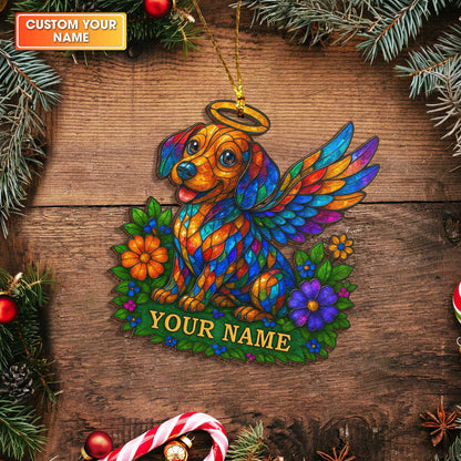 Colorful Dachshund Angel Stained Glass Style Ornament, Personalized Wooden Ornament For Dachshund Lovers