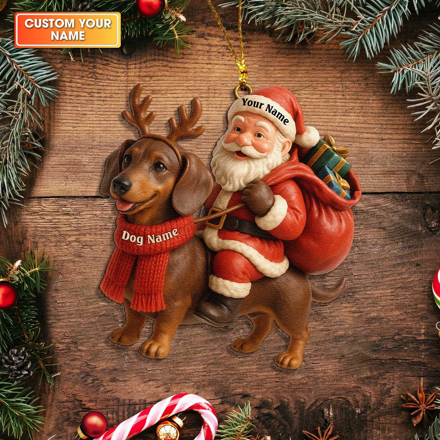 Santa Riding Dachshund Ornament, Personalized Wooden Wiener Wooden Ornament