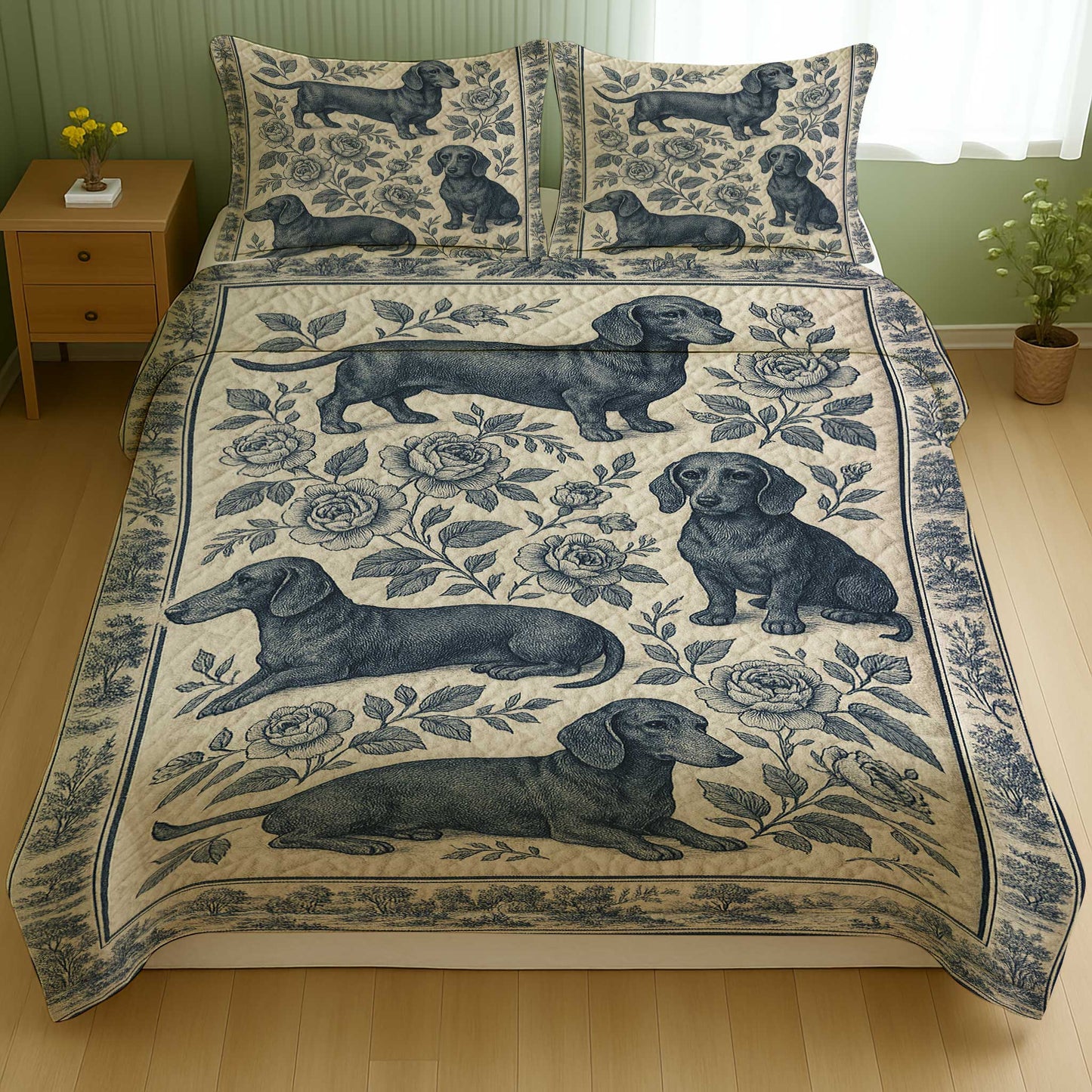 Classic Blue Floral Botanical Dachshund Print, Vintage Dachshund Quilt Set