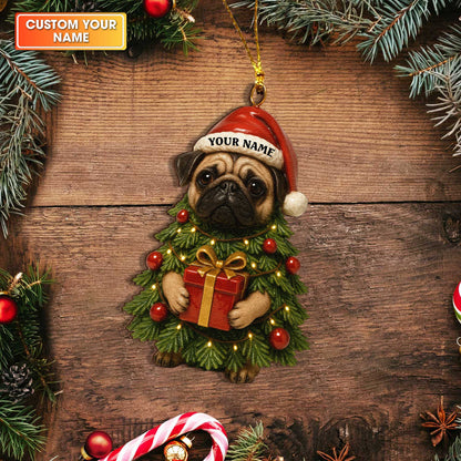Personalized Ornament Pug, Pug Christmas Ornament With Custom Name, Pug Xmas Ornament For Dog Lover
