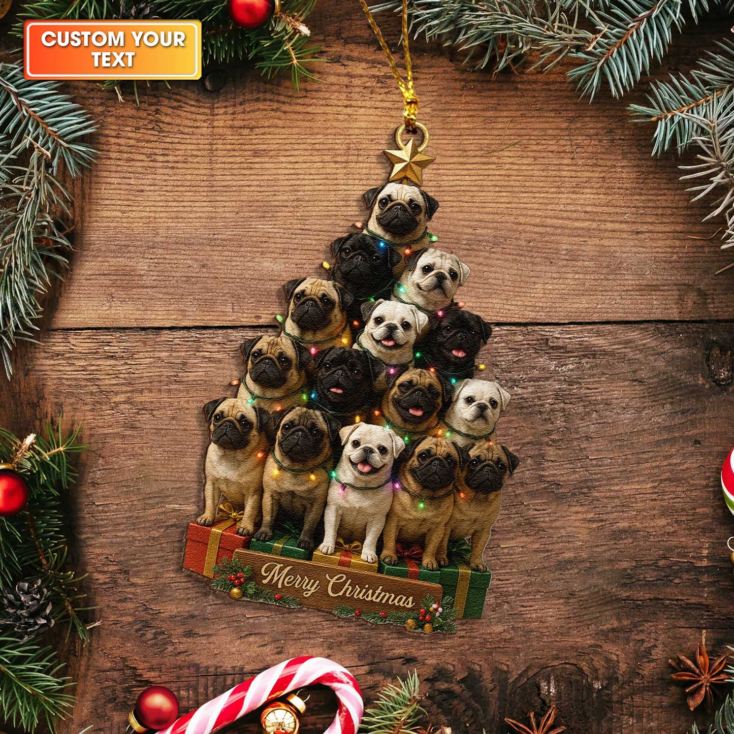 Cute Pug Stack Custom Text Holiday Gift Ornament, Personalized Wooden Ornament For Pug Lovers