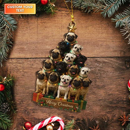 Cute Pug Stack Custom Text Holiday Gift Ornament, Personalized Wooden Ornament For Pug Lovers