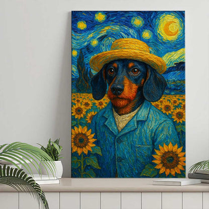 Van Gogh Inspired Dachshund Wall Art, Starry Night Dog Canvas with Sunflowers
