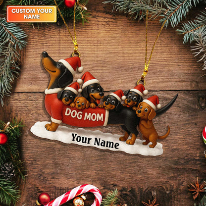 Dog Mom Dachshund Family Christmas Ornament, Personalized Wooden Dachshund Christmas Ornament