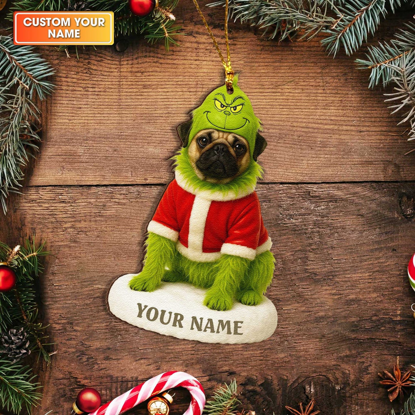 Personalized Wooden Ornament Pug, Pugrinch Christmas Ornament With Custom Name, Cute Pug Xmas Ornament For Dog Lover